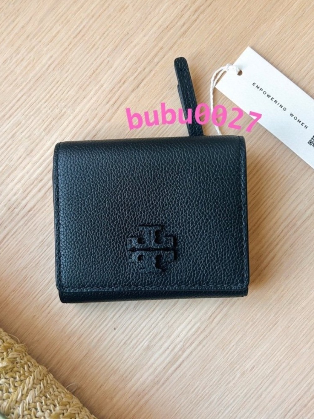 NWT🧡Tory Burch Thea Black Pebbled Leather Tri-Fold Compact Small Wallet 169967